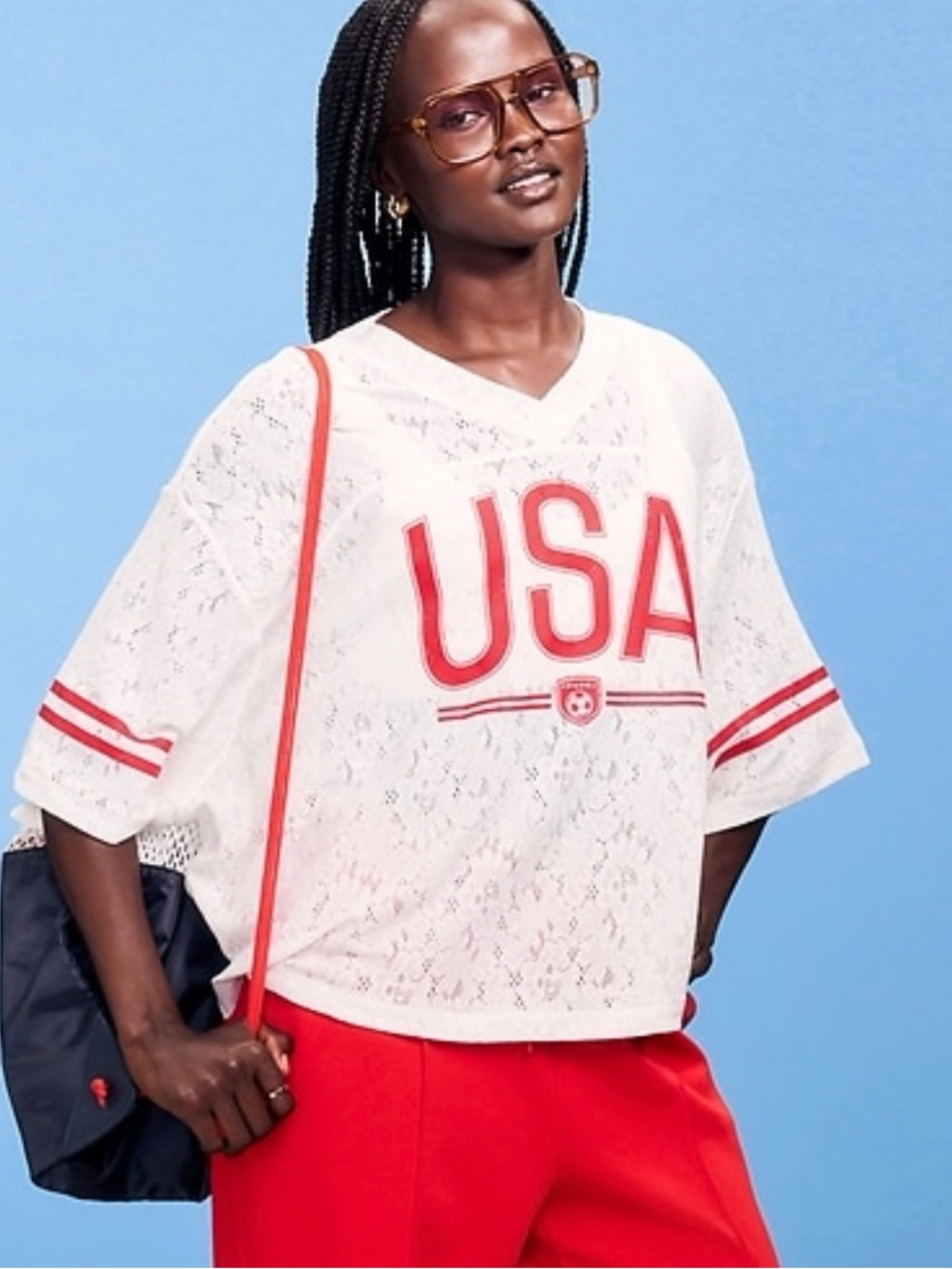 USA Lace V-Neck Women's Top - White with Red Trim FIFA